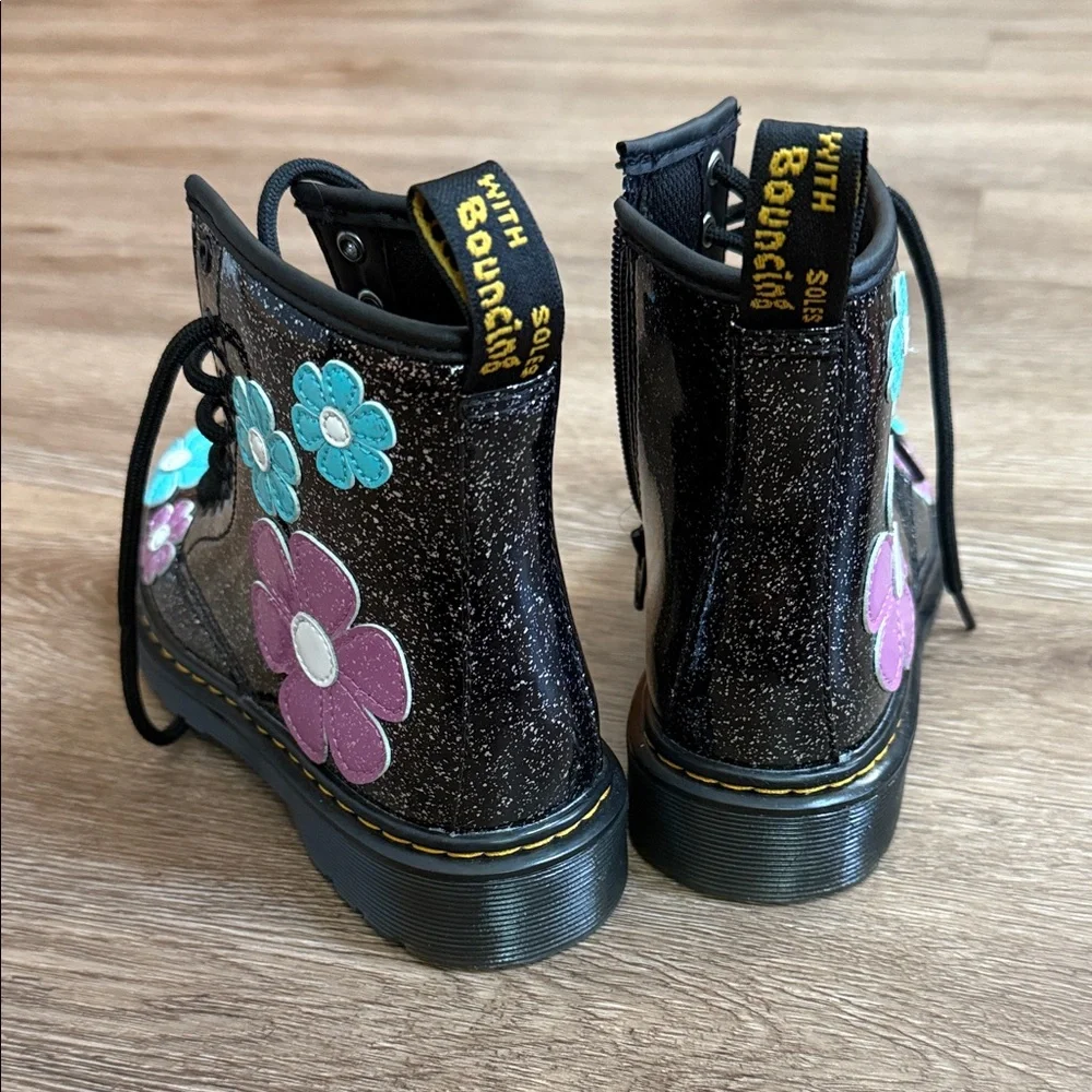 Dr. Martens Black Glitter Kids Boots with Turquoise & Purple Flower Patches